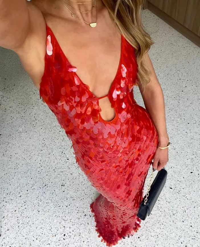 Olivetta - Red Sequin Maxi Dress by Ares Milano