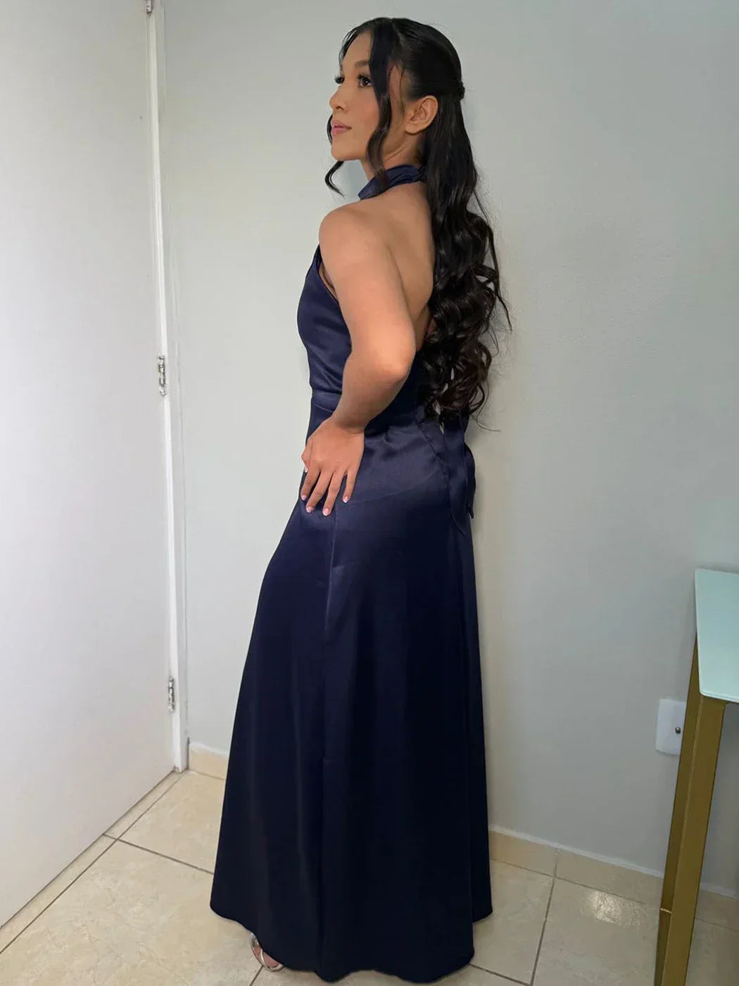 Liana - Satin Halter Neck Maxi Dress by Ares Milano