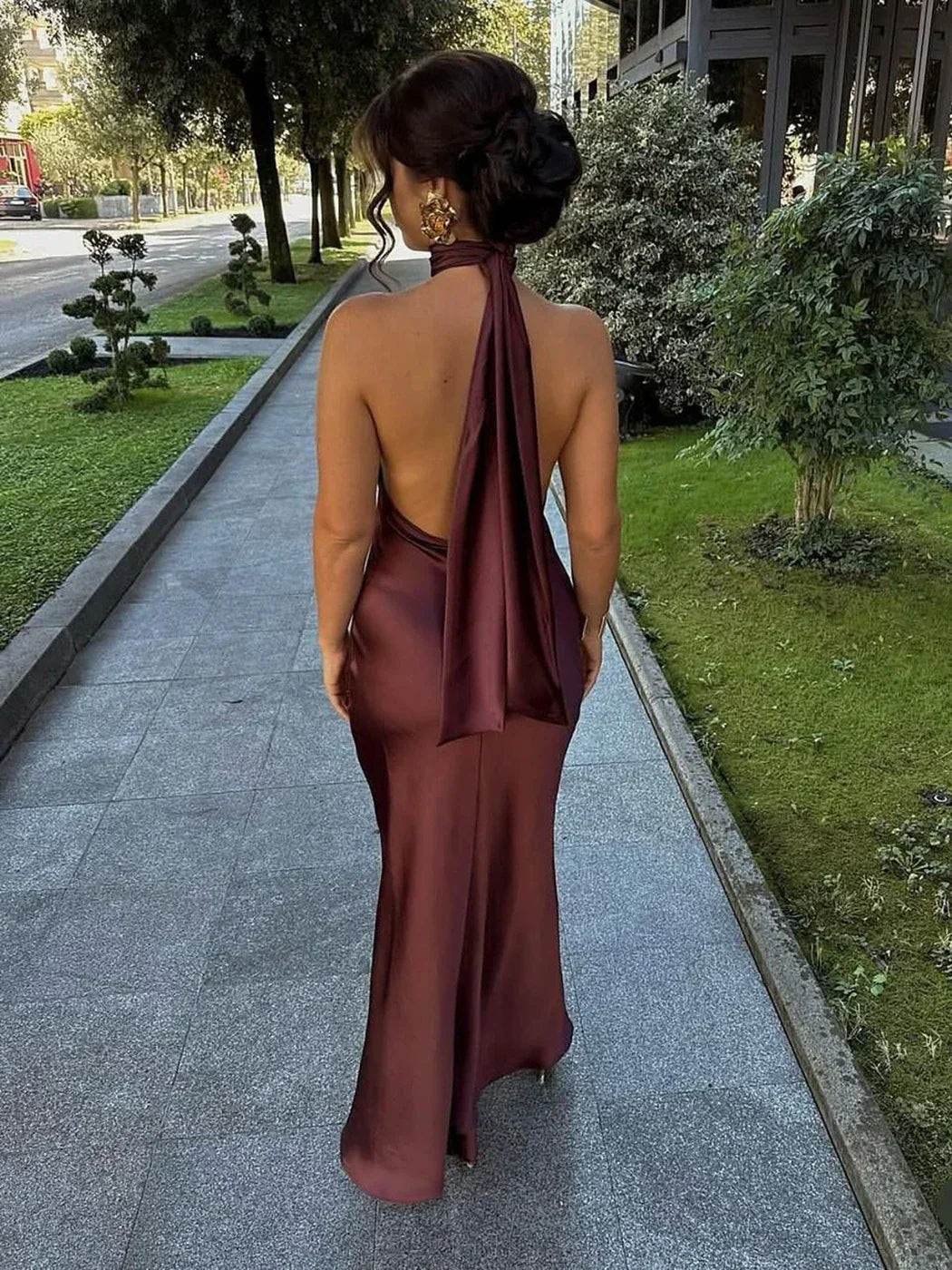 Liana - Satin Halter Neck Maxi Dress by Ares Milano