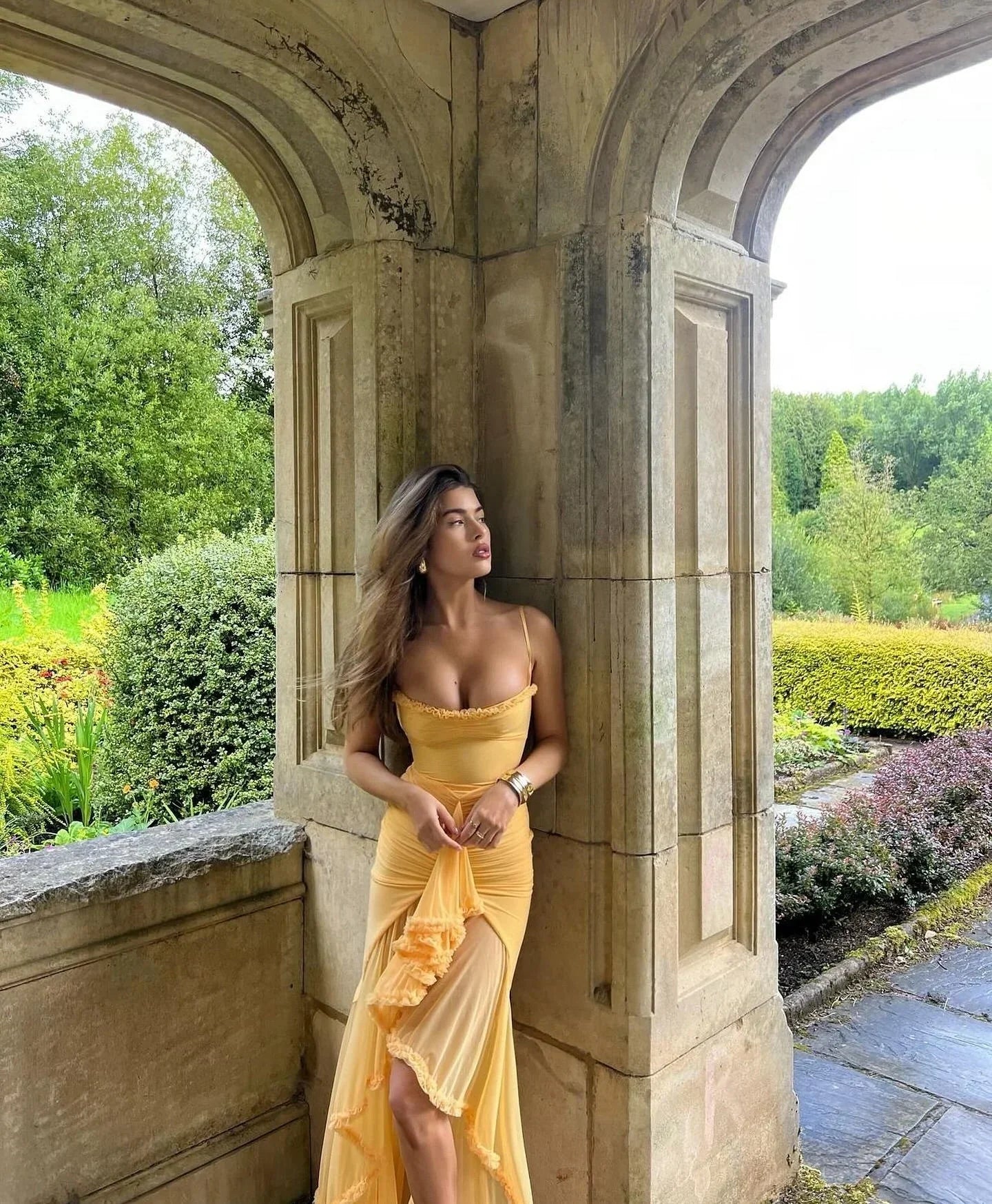 Oliva - Soft Yellow Mesh Maxi Dress by Ares Milano