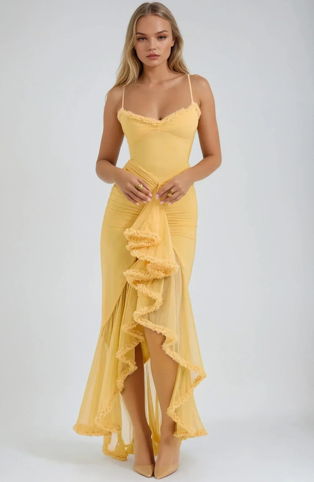 Oliva - Soft Yellow Mesh Maxi Dress by Ares Milano