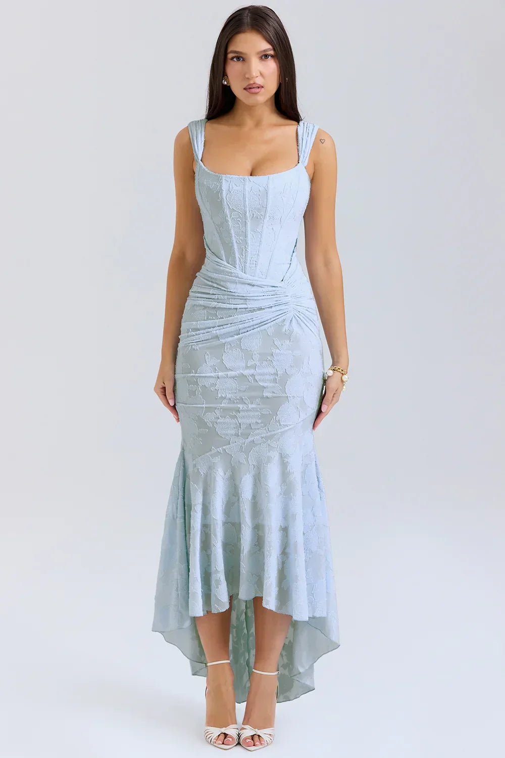 Margherita - Powder Blue Lace Maxi Dress by Ares Milano